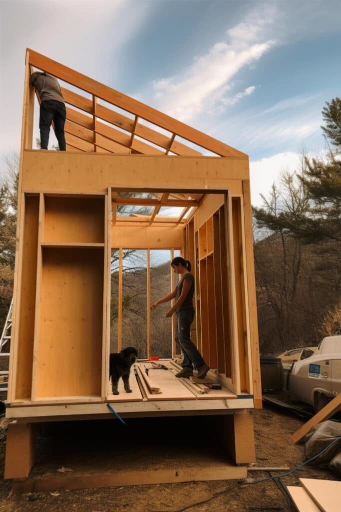 Construction d'une tiny house en bois avec deux personnes travaillant sur le toit et un chien à l'intérieur de la structure.