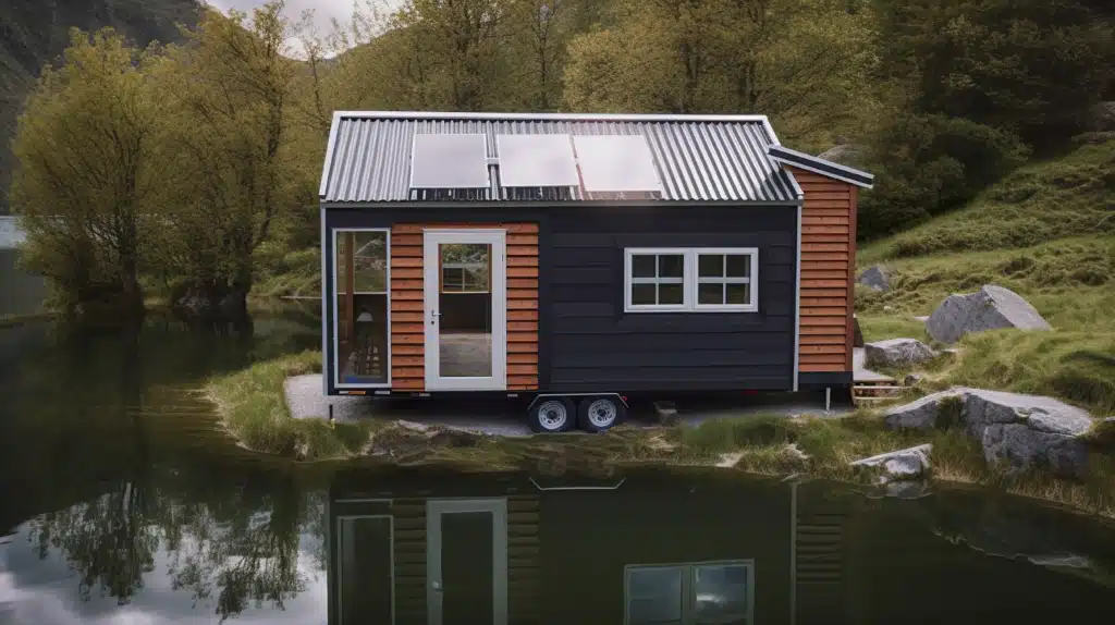 Tiny house moderne au bord d'un lac avec des panneaux solaires sur le toit et un extérieur en bois sombre et clair.